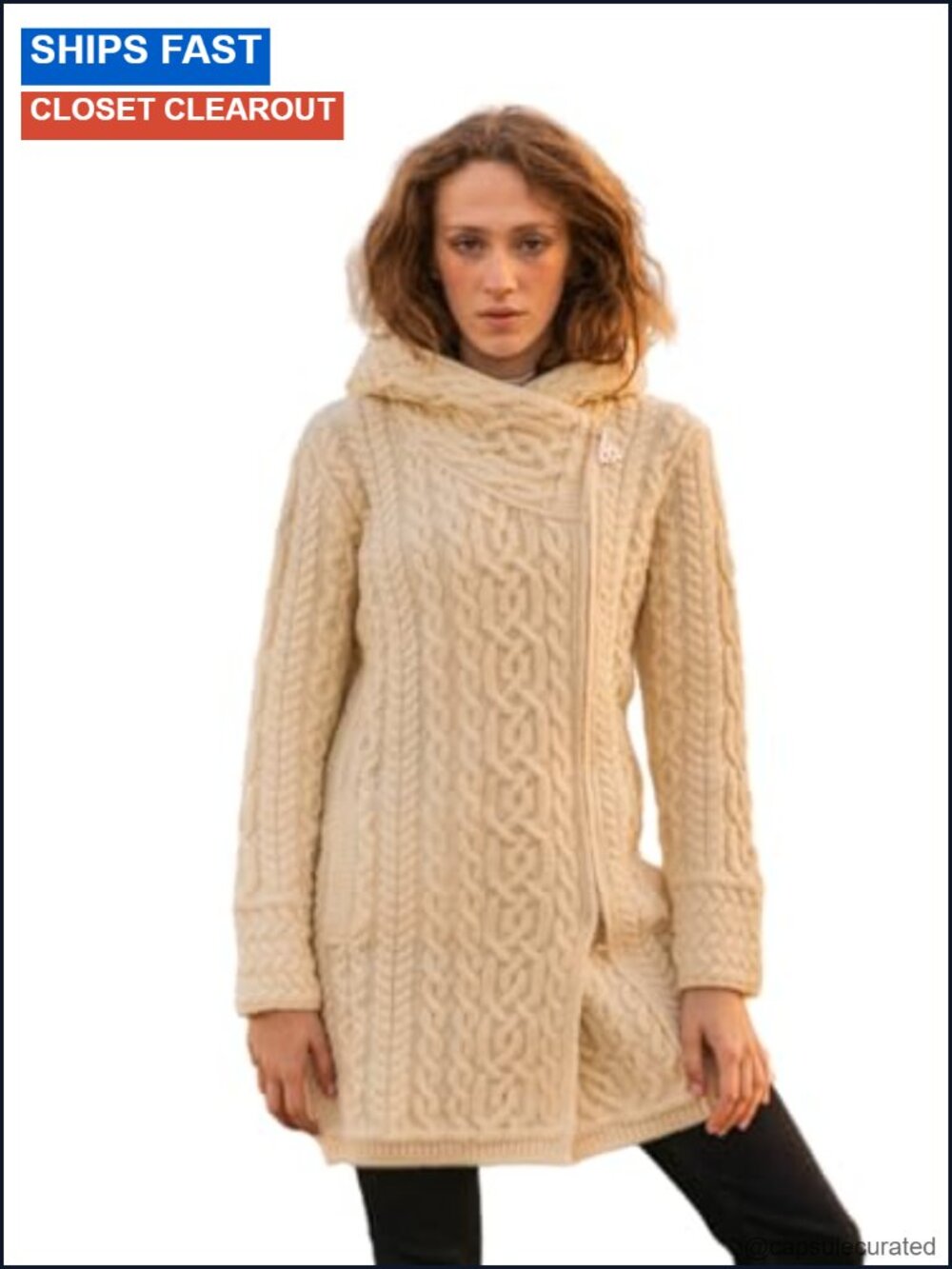 Merino Wool Irish Aran Zip Cardigan Hood Pockets Cable Knit